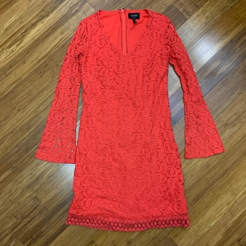 Laundry by Shelli Segal Dress Womens‎ 2 Coral Red Lace Bell Sleeve Mini Cocktail